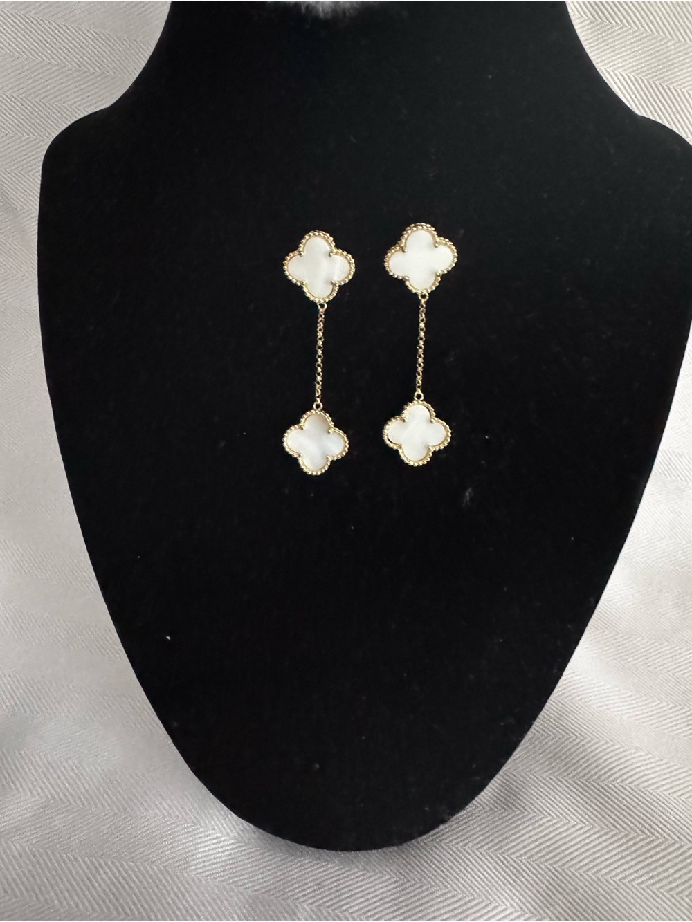 Gold and White Double Clover Drop Earrings - Women Jewelry